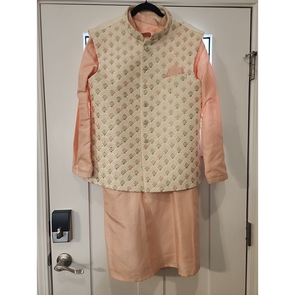 Men Kurta Set - White Pink &‎ Golden Kurta & Churidar w/Embroidered Nehru Jacket